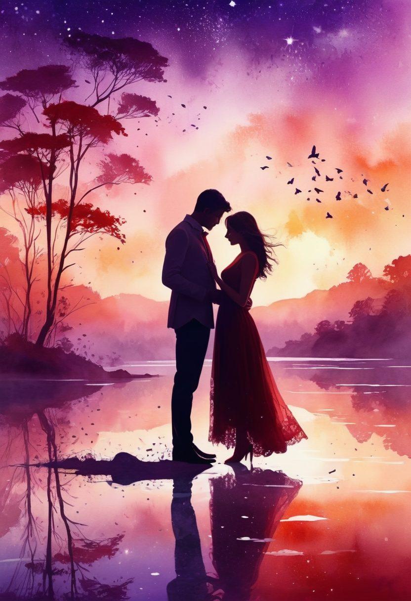 A visually enticing collage featuring elegant silhouettes of couples in various romantic poses, intertwined with playful elements like feathers and soft lace. The background showcases a gradient of deep reds and purples, evoking a feeling of intimacy and passion, while subtle sparkles float through the air. The overall atmosphere should be inviting and tasteful, hinting at exploration and discovery. watercolor art style. vibrant colors. soft focus.