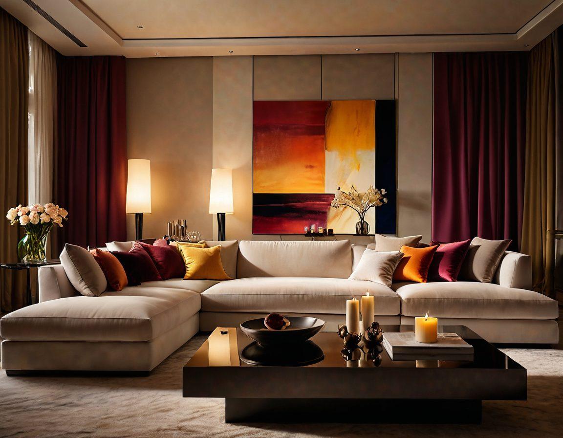 An inviting and elegant room filled with soft, ambient lighting, featuring a plush sofa adorned with luxurious fabrics. A large screen displays abstract shapes and colors suggesting sensuality without explicit content. Tasteful decorations, like candles and wine glasses, create a mood of leisure and relaxation. Include subtle hints of modern technology, like a tablet on a side table, to emphasize the adult leisure theme. painterly style. warm hues.